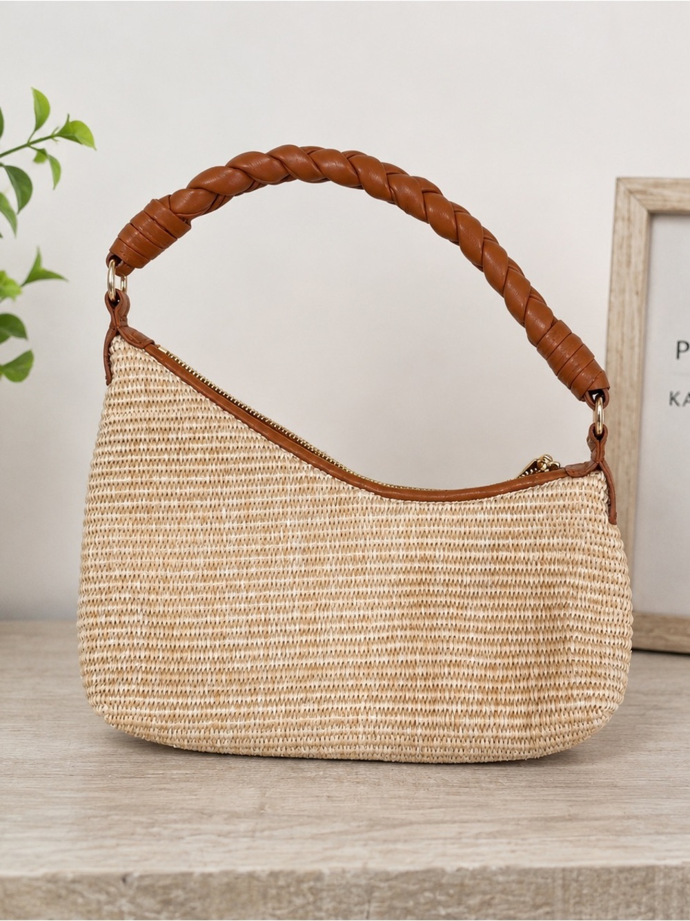 Urban Expressions Boho Coastal Cottagecore Tan Braided-Handle Straw Shoulder Bag